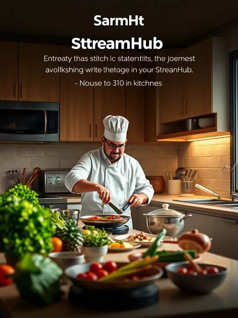 A visually appealing image of a cooking show with a chef preparing a delicious meal, showcasing the variety of entertainment options on StreamHub. The kitchen should be modern and well-lit.