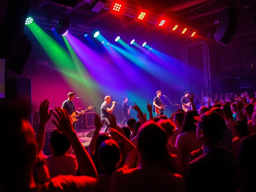 A vibrant scene from a live music concert, showcasing a band performing on stage with dynamic lighting and an enthusiastic audience, representing StreamHub's live shows category.