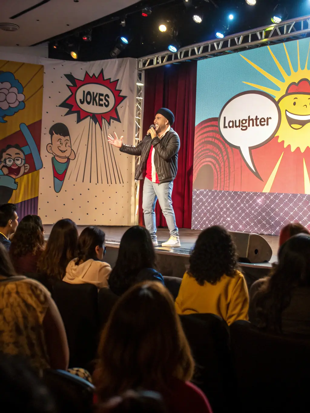 A colorful and engaging image of a stand-up comedian performing on stage, with the audience laughing and enjoying the show. The comedian should be animated and expressive.