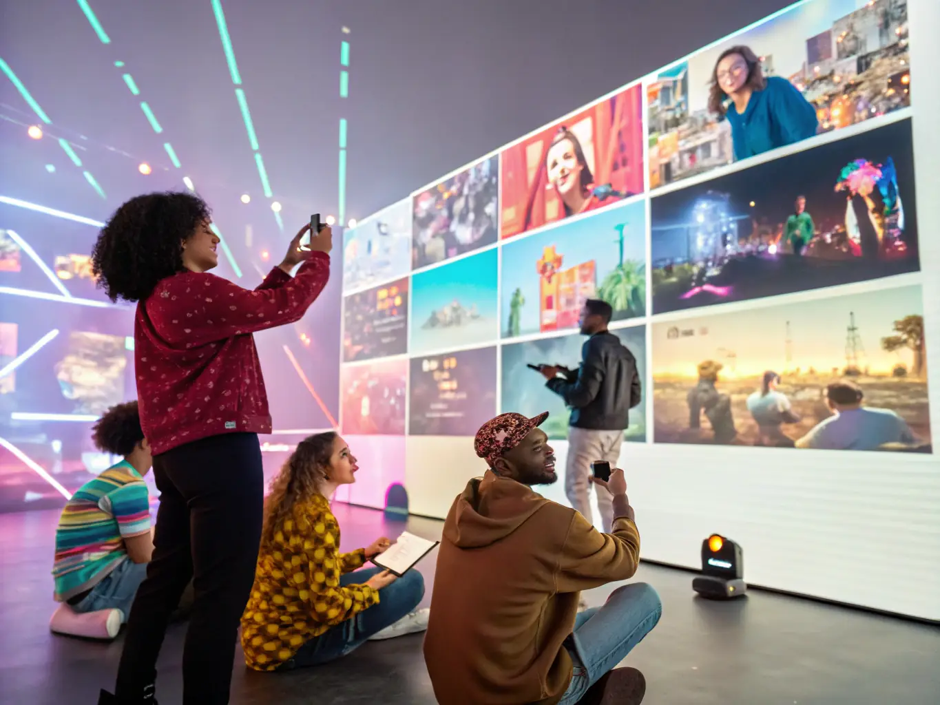 A collage of various entertainment options, including a stand-up comedy performance, a gaming tournament, and an educational documentary, representing StreamHub's diverse entertainment category.