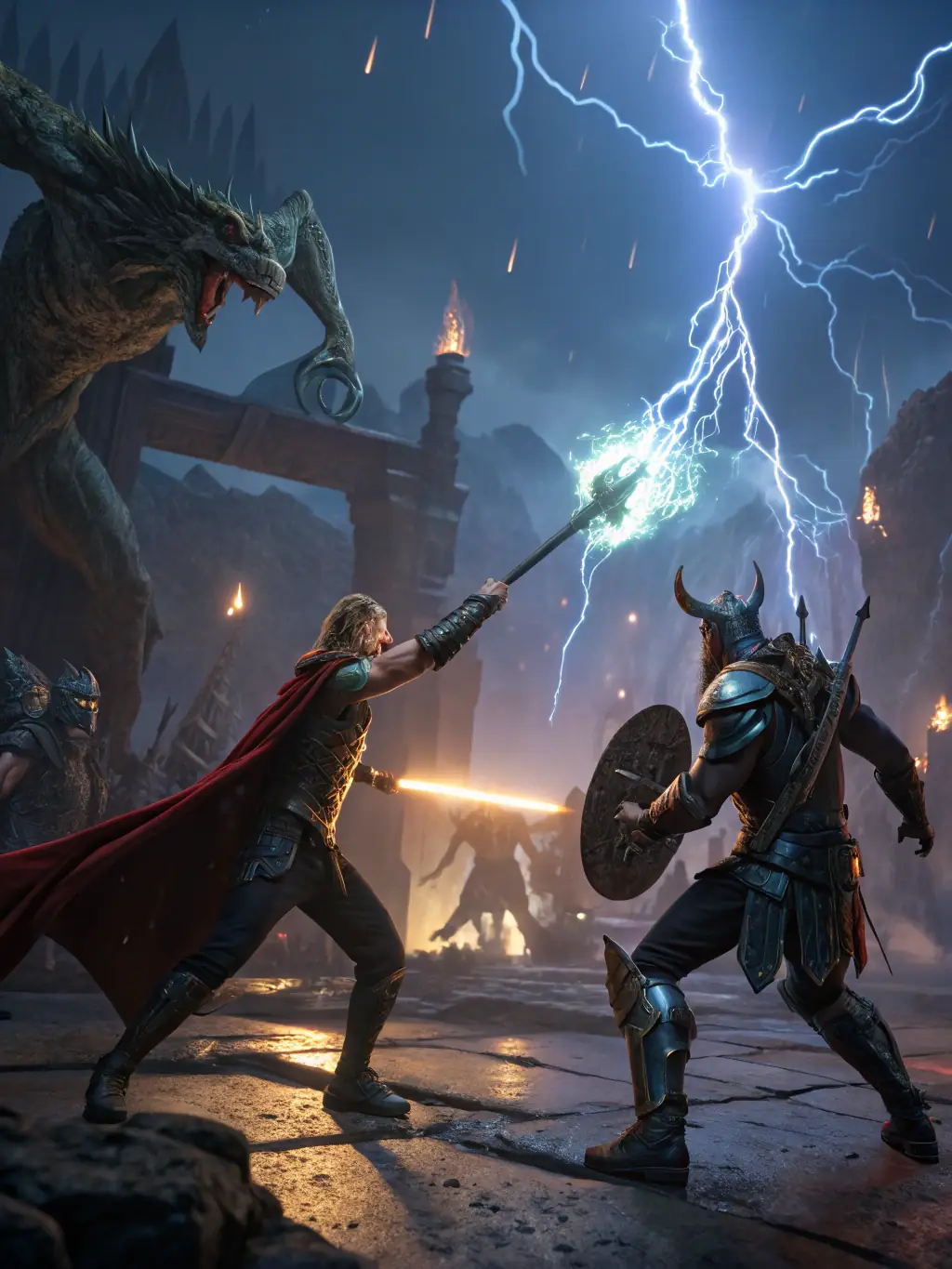 A captivating movie scene with dramatic lighting and intense action, showcasing a blockbuster film available on StreamHub. The scene should hint at the film's genre and storyline.